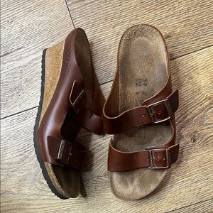Papillo by Birkenstock Dorothy Brown Leather Wedge Sandals Size 39/8-8.5